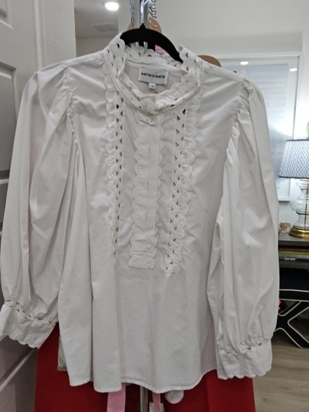 Antik Batik White Ruffled Cotton Blouse with Puff Sleeves|| Size L